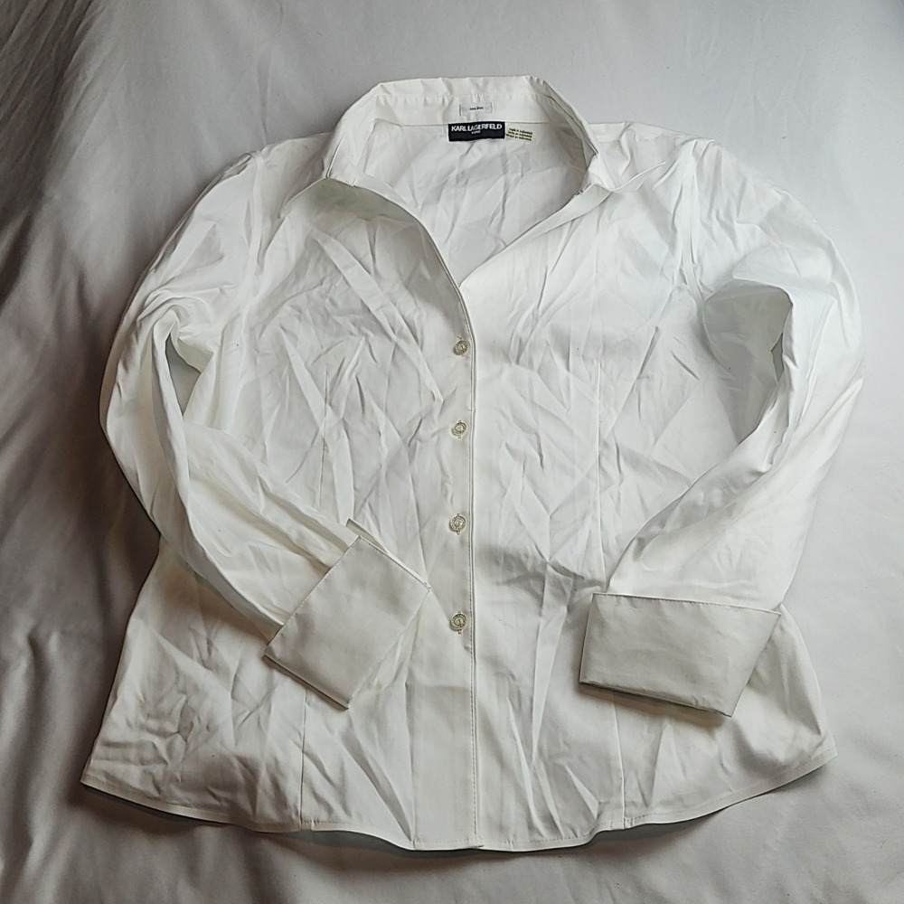 Karl Lagerfeld Paris Button-Down Shirt White 100% Cotton Women's Size Medium